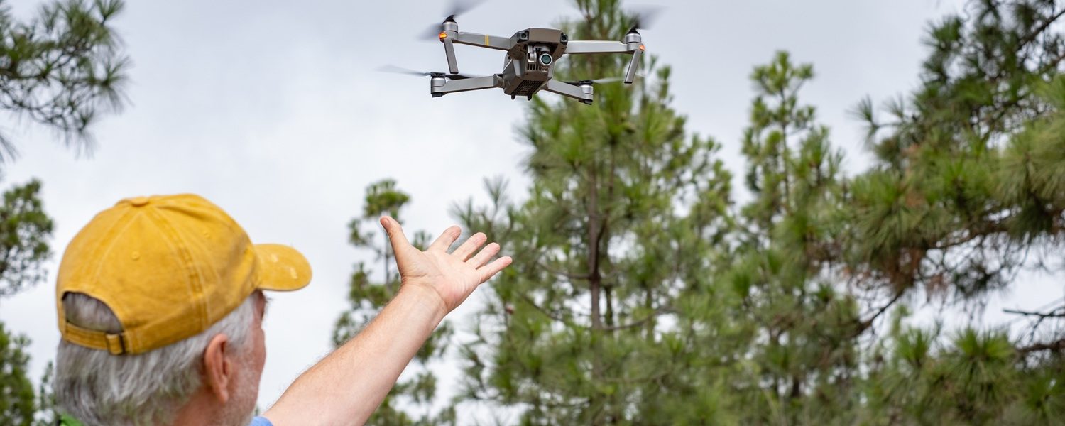 Rear view of an elderly man flying a drone in a forest area using the remote control. The drone pilot reaches out to pick up the drone. Aerial nature photography and videography